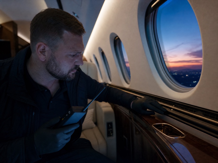 Private jet cabin bug sweep