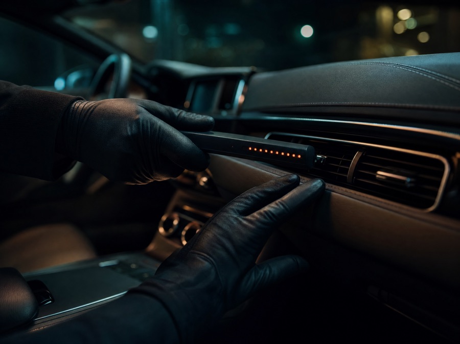 Vehicle bug sweep — RF detector inspecting a car dashboard and vents